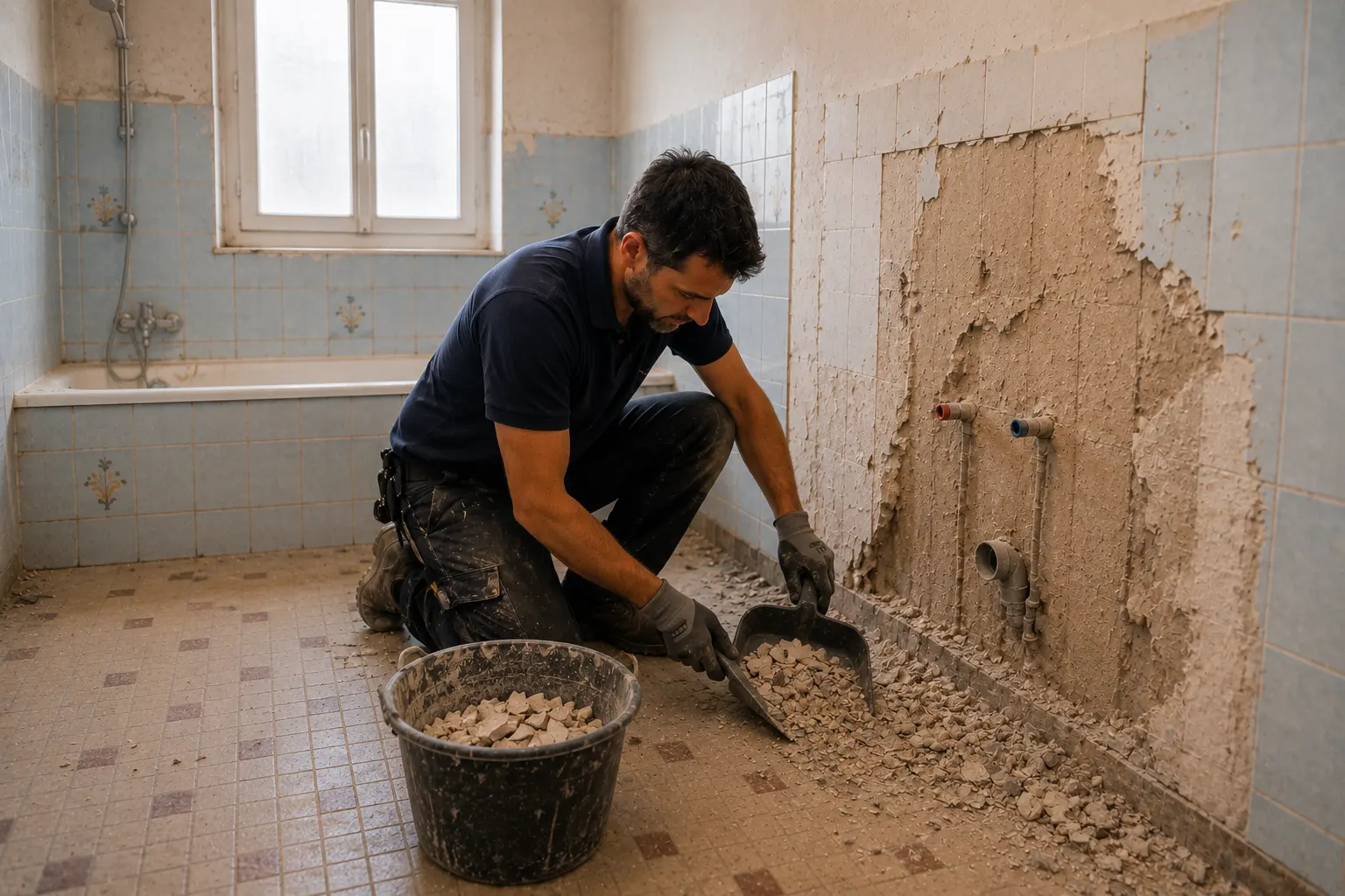 depose-ancienne-salle-de-bain-petit-espace-var-grech-salle-de-bain Dépose des anciens équipements dans une petite salle de bain ancienne avant rénovation complète dans le Var par Grech Salle de Bain