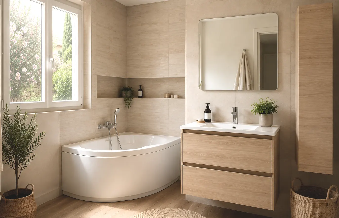 petite-salle-de-bain-baignoire-angle-mobilier-bois-var Petite salle de bain avec baignoire d’angle, meuble bois suspendu et ambiance lumineuse inspirée des rénovations Grech Salle de Bain dans le Var.