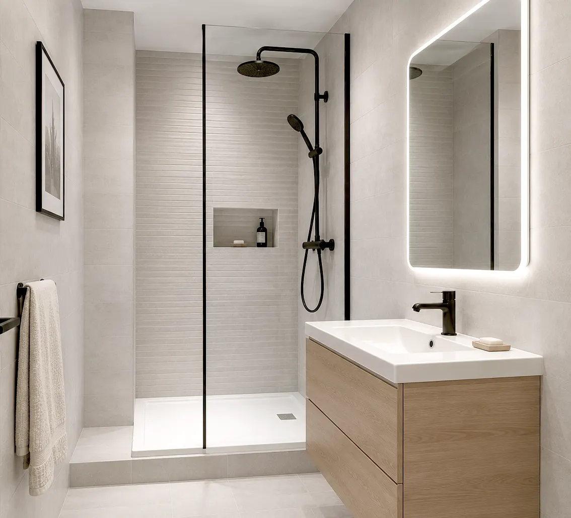 petite-salle-de-bain-douche-receveur-plat-mobilier-bois-var Petite salle de bain moderne avec receveur de douche plat, mobilier bois suspendu et carrelage gris clair réalisée dans le Var par Grech Salle de Bain.